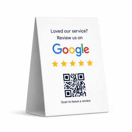 Branded table tent — Review us on Google